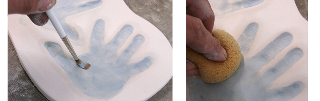 Painting clay prints of childrens hand and feet.